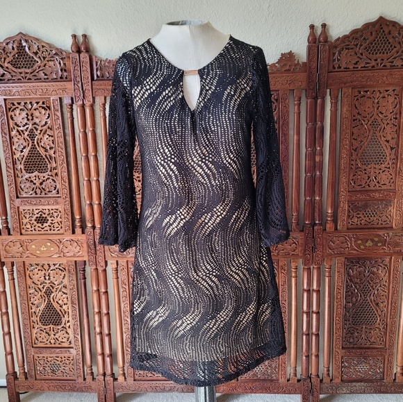 Mod Witchy Little Black Dress - Mesh overlay flared sleeves - Picture 1 of 9